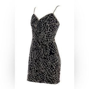 vintage 1990S BLACK SILK BODYCON DRESS W/ gold BEADS